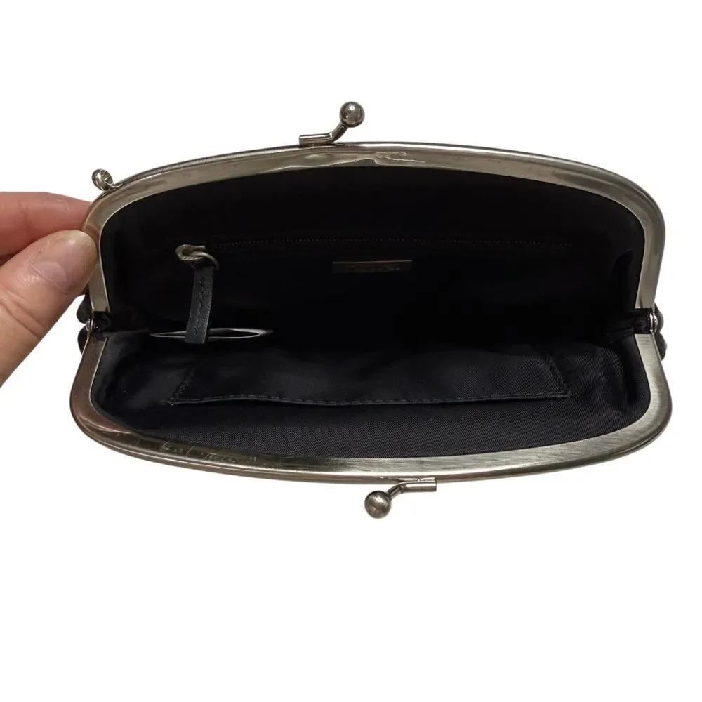 Talbots Leather & Fabric Kiss Lock Mini Clutch Black Green Piping